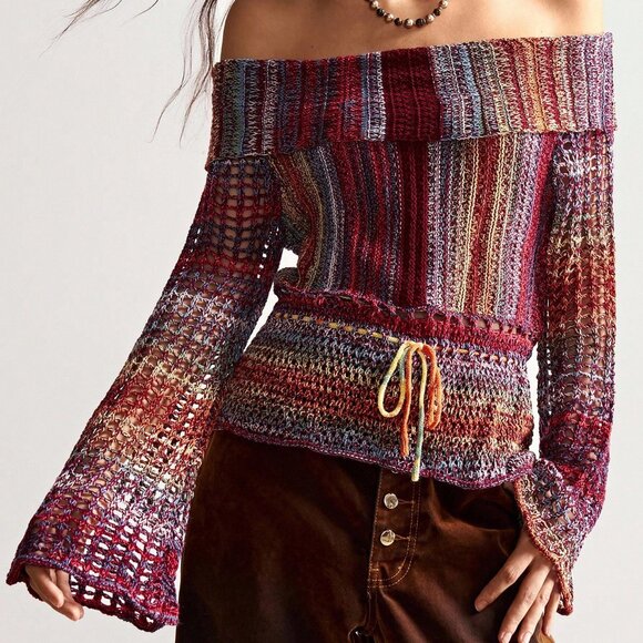 Multicolor Casual Women's Striped Off Shoulder Long Sleeve Blouse - Picture 1 of 8